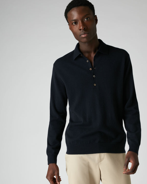 N.Peal 007 5 Button Cashmere Polo Shirt Navy Blue