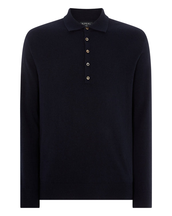 N.Peal 007 5 Button Cashmere Polo Shirt Navy Blue