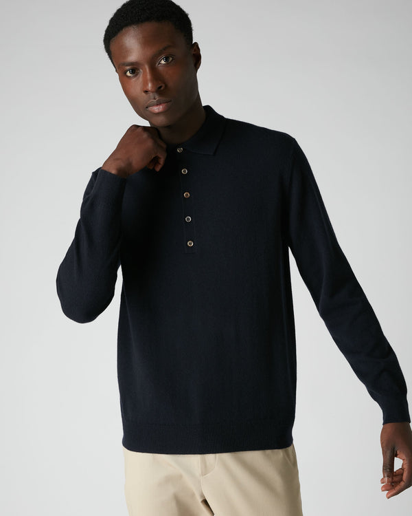 N.Peal 007 5 Button Cashmere Polo Shirt Navy Blue