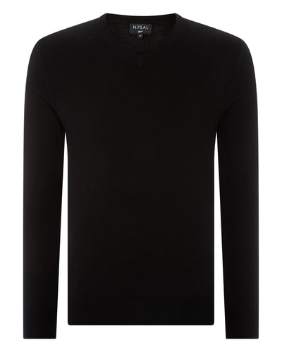 N.Peal 007 Fine Gauge Cashmere V Neck Jumper Black