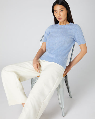 N.Peal Women's Round Neck Cashmere T Shirt Cornflower Blue