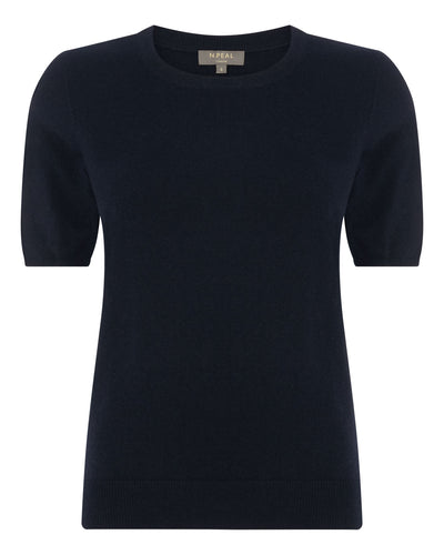 N.Peal Women's Round Neck Cashmere T Shirt Navy Blue