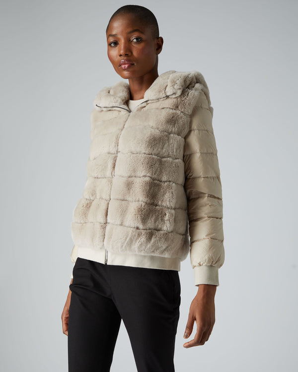 N.Peal Women's Detachable Sleeve Hooded Rex Jacket Snow Grey
