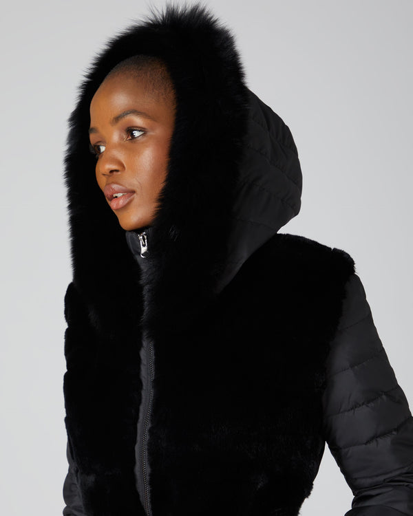 N.Peal Women's Fur Panel Hooded Down Coat Black