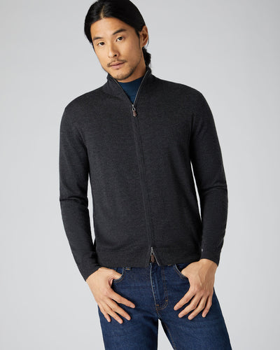 N.Peal Men's Hyde Fine Gauge Cashmere Full Zip Jumper Dark Charcoal Grey