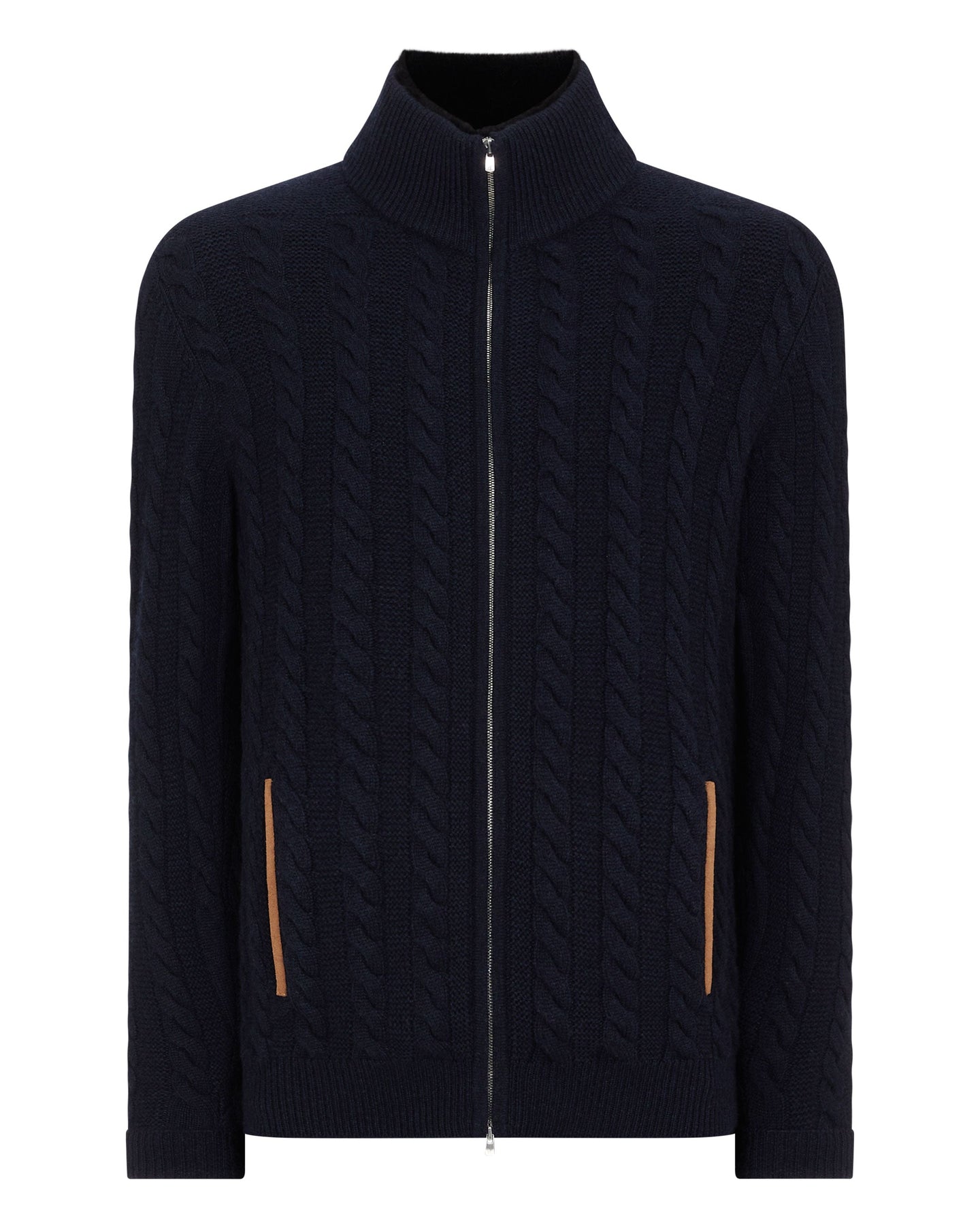 N.Peal Men's The Richmond Cable Cashmere Cardigan With Fur Collar Navy Blue
