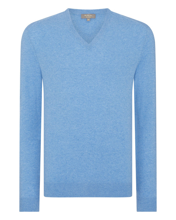 N.Peal Men's Baby Cashmere V Neck Jumper Blue