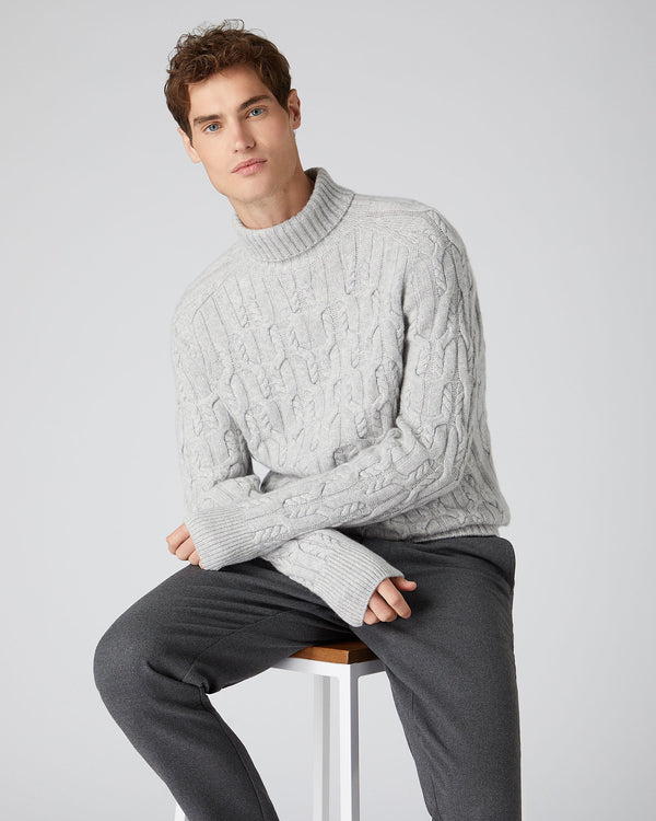 N.Peal Men's Textured Cable Roll Neck Cashmere Jumper Fumo Grey