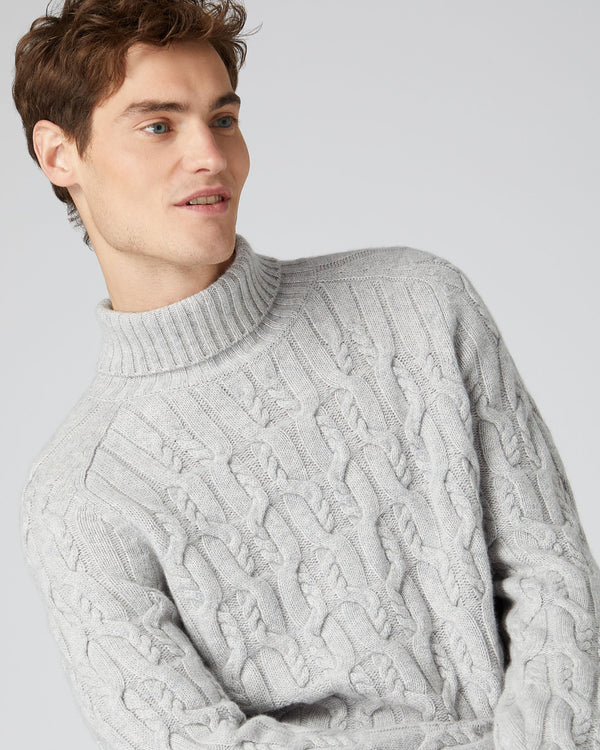 N.Peal Men's Textured Cable Roll Neck Cashmere Jumper Fumo Grey