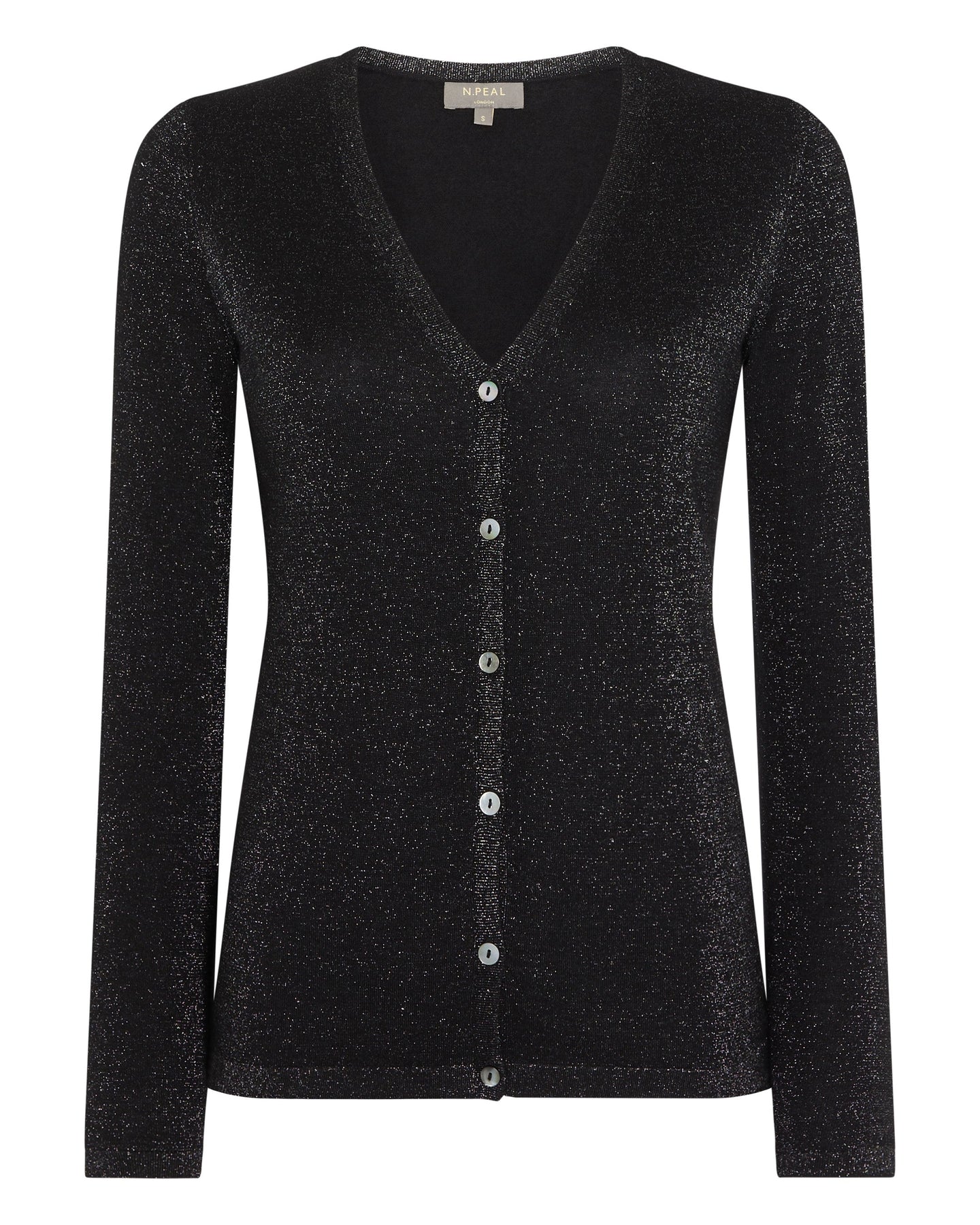 N.Peal Women's Superfine V Neck Cashmere Cardigan With Lurex Black Sparkle