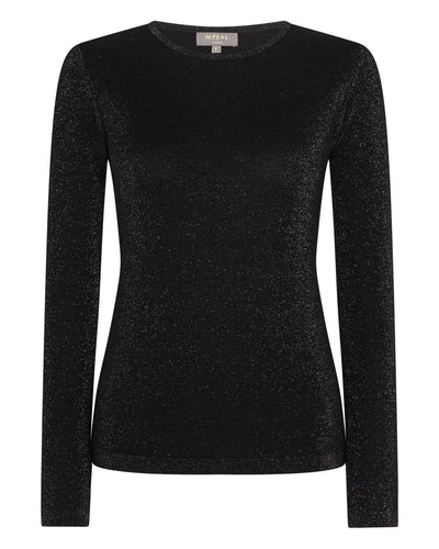 N.Peal Women's Superfine Long Sleeve Cashmere Top With Lurex Black Sparkle
