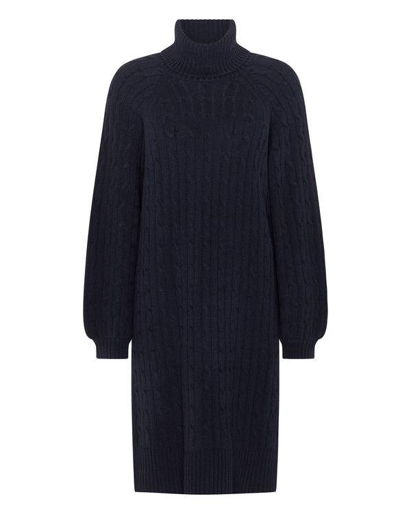 N.Peal Women's Roll Neck Cable Cashmere Dress Navy Blue