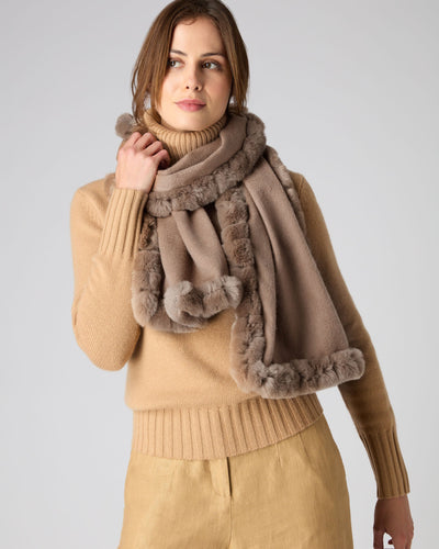 N.Peal Women's Meribel Woven Fur Trim Scarf Dark Tan Brown