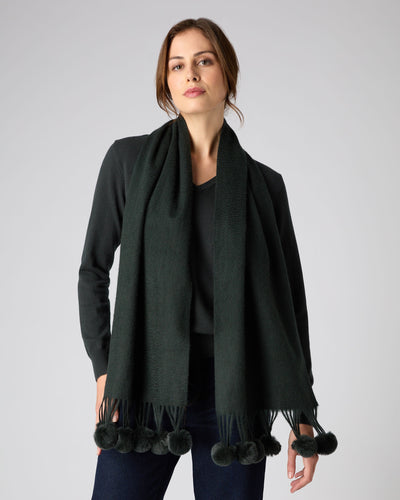 N.Peal Women's Fur Bobble Woven Cashmere Scarf Dark Green