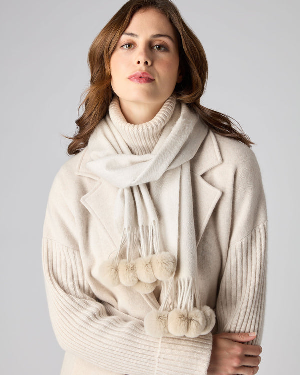 N.Peal Women's Fur Bobble Woven Cashmere Scarf Ecru White