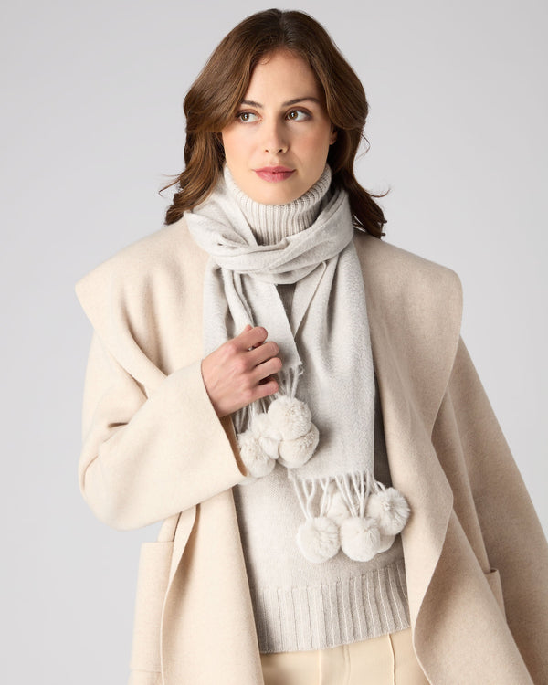 N.Peal Women's Fur Bobble Woven Cashmere Scarf Pebble Grey
