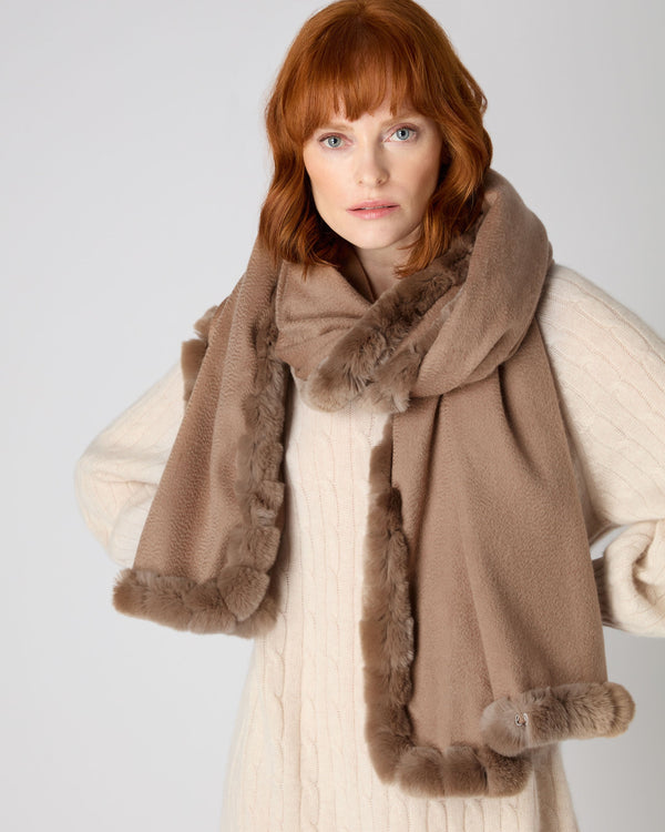 N.Peal Women's Fur Trim Woven Cashmere Shawl Dark Tan Brown