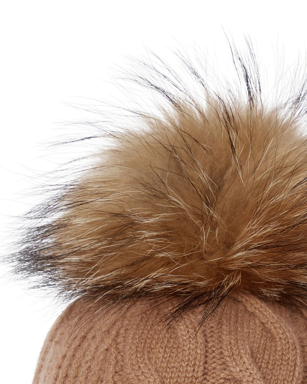 N.Peal Women's Cable Cashmere Hat With Fur Pom Dark Camel Brown