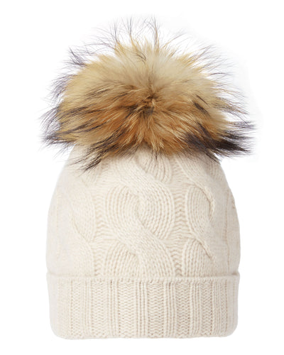 N.Peal Unisex Chunky Cable Cashmere Hat With Pom Heather Beige Brown