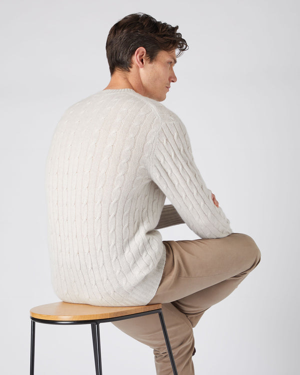 N.Peal Men's The Thames Cable Cashmere Jumper Pebble Grey