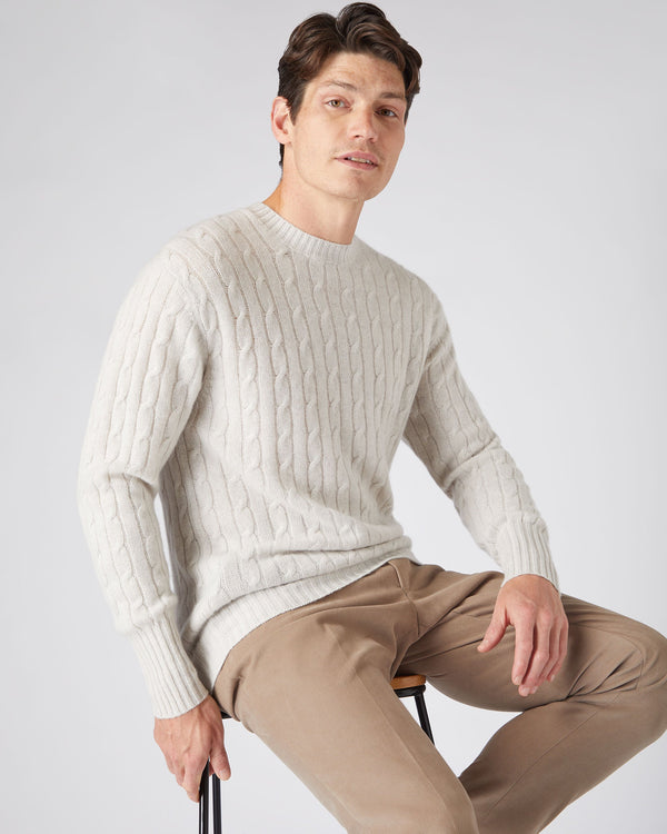 N.Peal Men's The Thames Cable Cashmere Jumper Pebble Grey