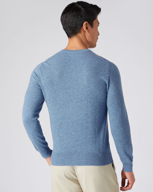N.Peal Men's The Oxford Round Neck Cashmere Jumper Faded Indigo Blue