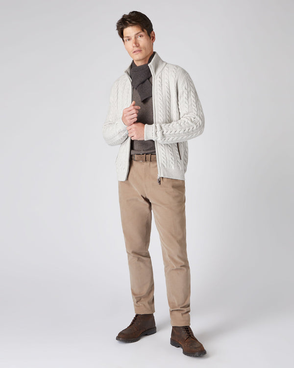 N.Peal Men's The Richmond Cable Cashmere Cardigan Pebble Grey
