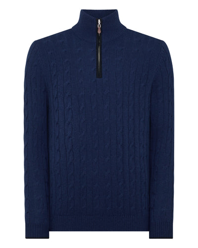 N.Peal Men's Cable Half Zip Cashmere Jumper French Blue