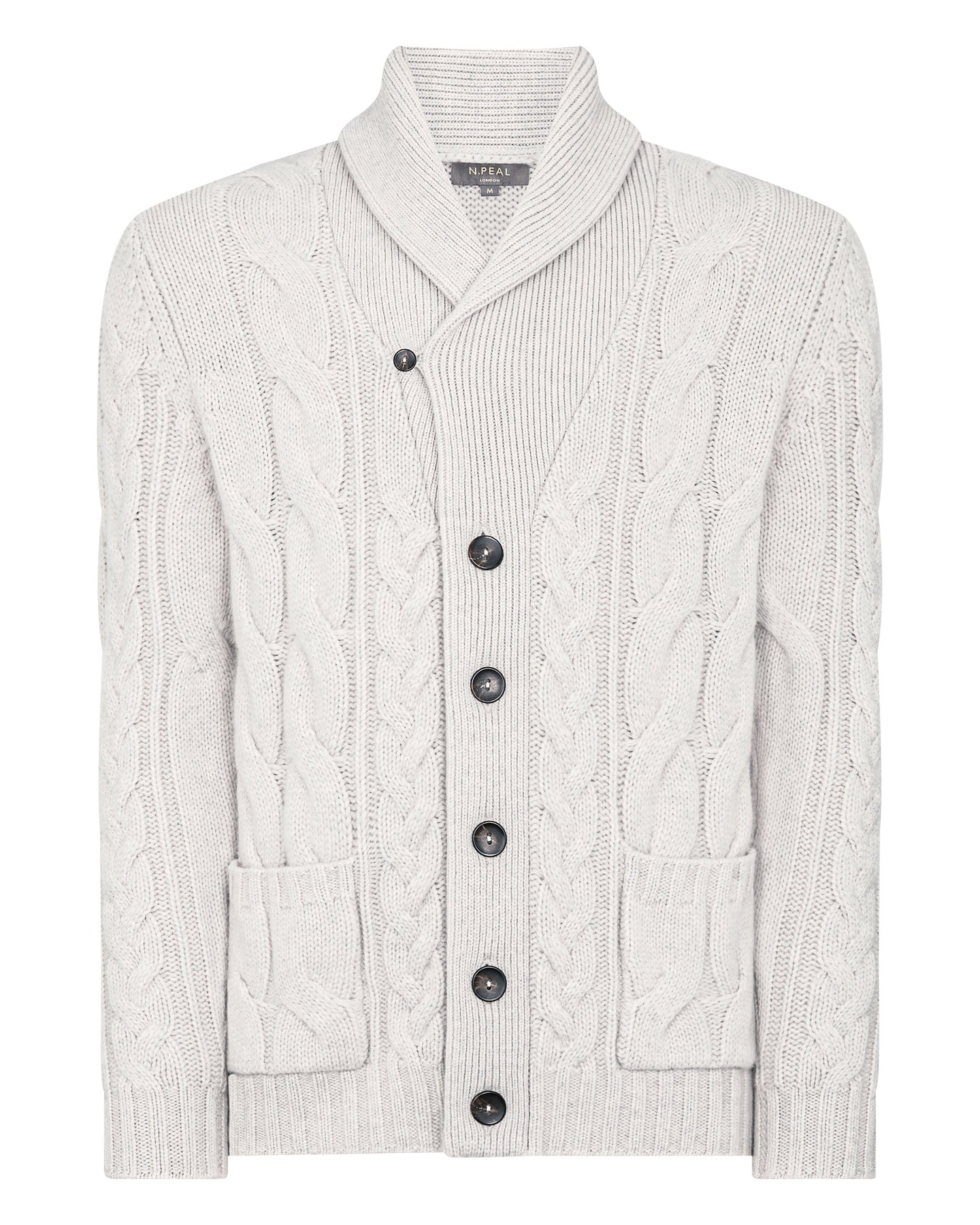 N.Peal Men's Chunky Cable Cashmere Cardigan Pebble Grey