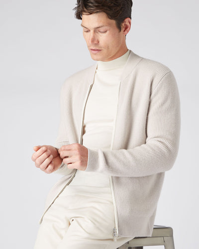 N.Peal Men's Textured Full Zip Cashmere Jumper Snow Grey