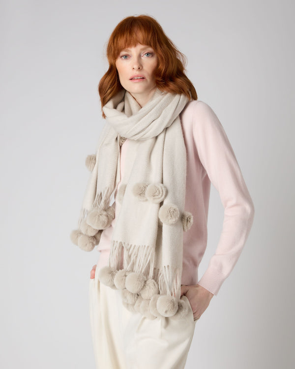 N.Peal Women's Fur Bobble Woven Shawl Ecru White