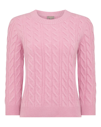 N.Peal Women's Round Neck Cable Cashmere Jumper Burano Pink