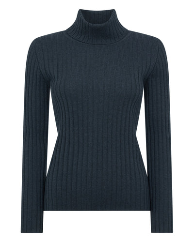 N.Peal Women's Ribbed Roll Neck Cashmere Jumper Grigio Blue