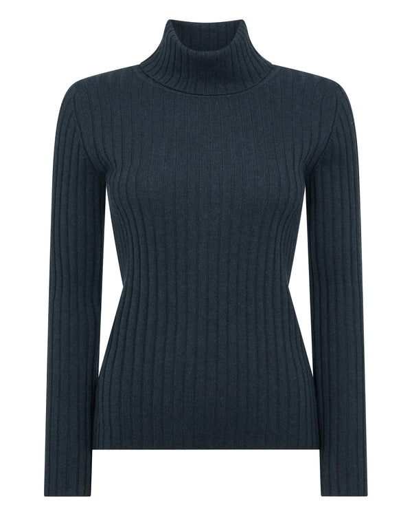 N.Peal Women's Ribbed Roll Neck Cashmere Jumper Grigio Blue