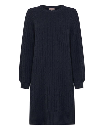 N.Peal Women's Crew Neck Cable Cashmere Dress Navy Blue