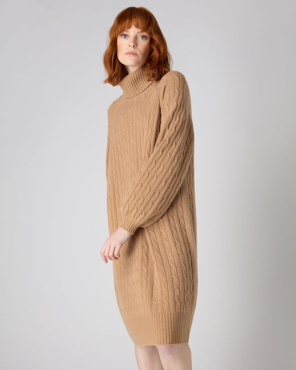 N.Peal Women's Roll Neck Cable Cashmere Dress Sahara Brown