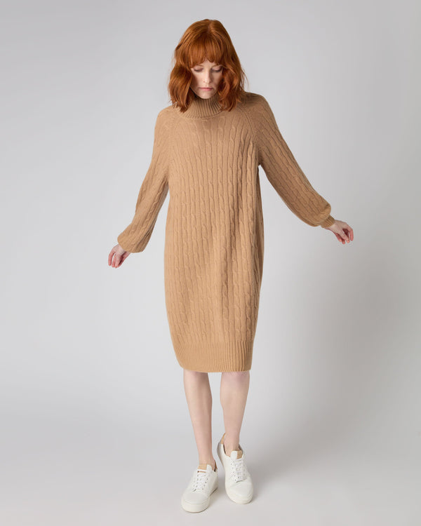 N.Peal Women's Roll Neck Cable Cashmere Dress Sahara Brown