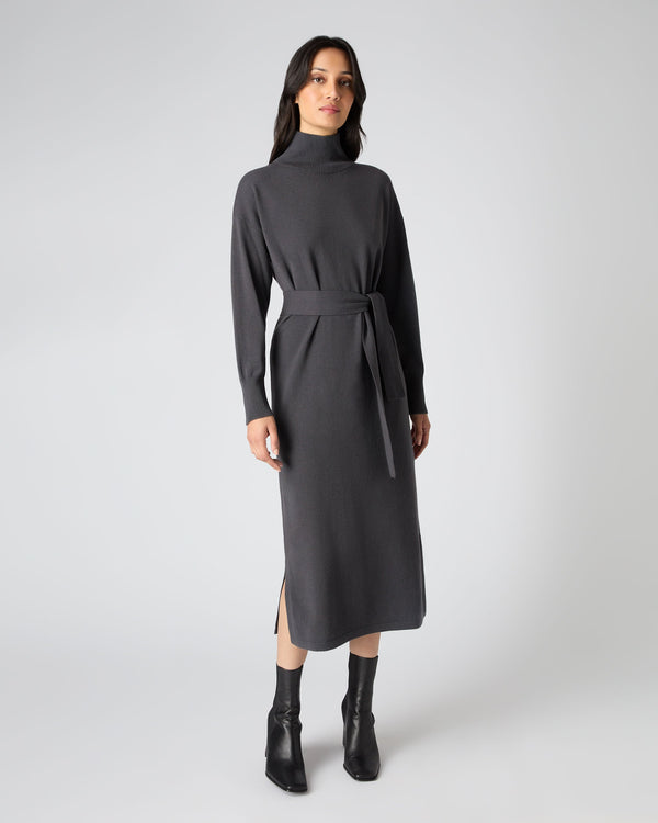 N.Peal Women's Long Mock Neck Cashmere Dress Flint Grey