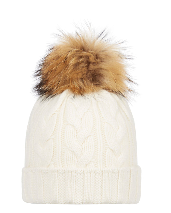 N.Peal Unisex Chunky Cable Raccoon Pom Hat New Ivory White