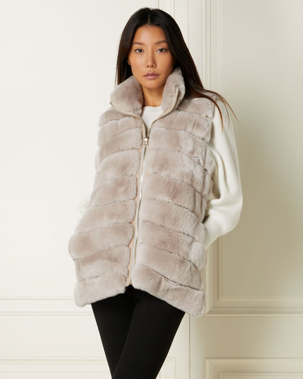 Recycled reversible hooded jacket in faux fur, ecru/beige, La