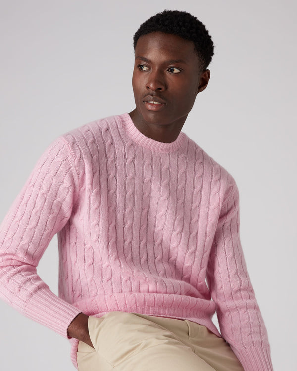 N.Peal Men's The Thames Cable Cashmere Jumper Flamingo Pink