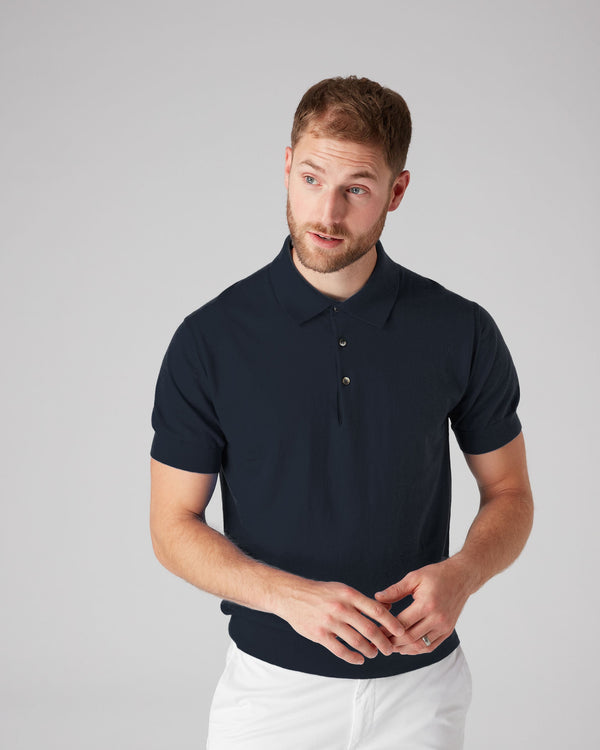 N.Peal Men's Short Sleeve Cotton Cashmere Collared Polo T Shirt Navy Blue