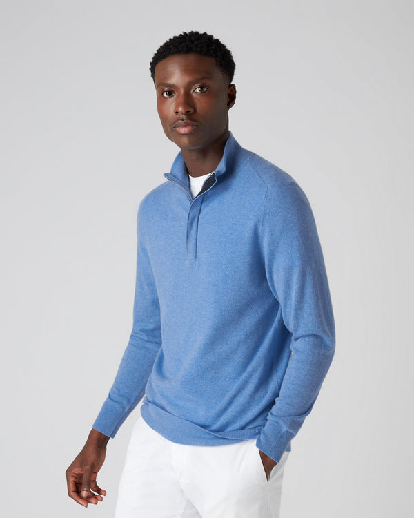 N.Peal Men's Baby Cashmere Half Zip Jumper Blue