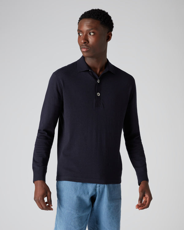 N.Peal Men's Long Sleeve Cotton Cashmere Polo Shirt Navy Blue