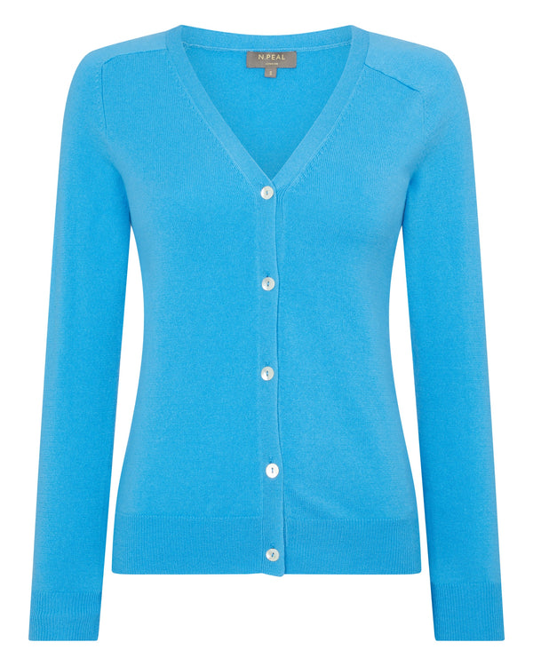 N.Peal Women's V Necked Cashmere Cardigan Pool Blue