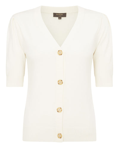 N.Peal Women's Short Sleeve Cashmere Cardigan New Ivory White