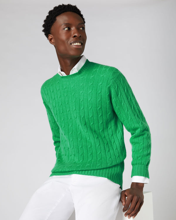 N.Peal Men's The Thames Cable Cashmere Jumper Parrot Green