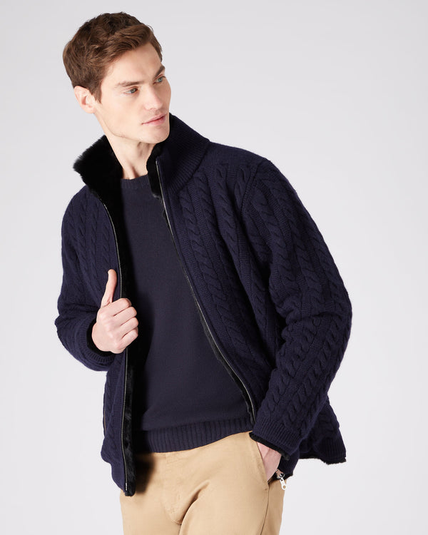 N.Peal Men's Fur Lined Cable Cardigan Navy Blue