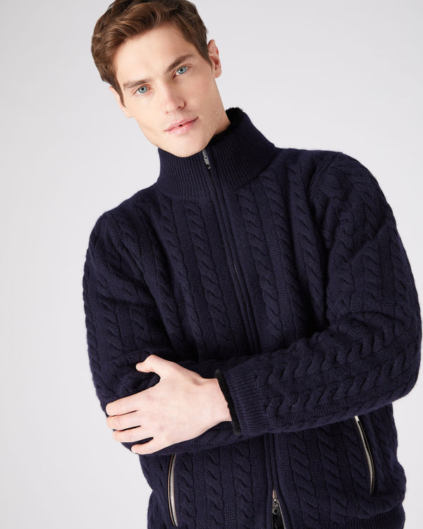 N.Peal Men's Fur Lined Cable Cardigan Navy Blue