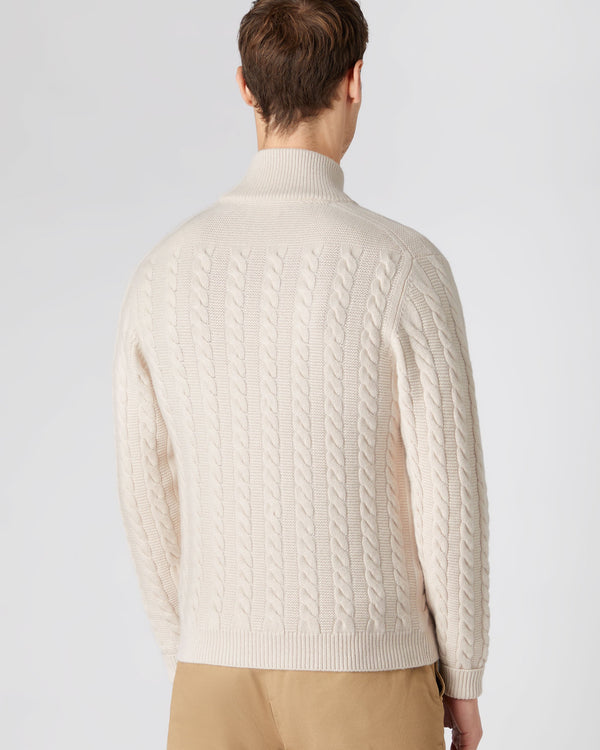 N.Peal Men's The Richmond Cable Cashmere Cardigan Almond White